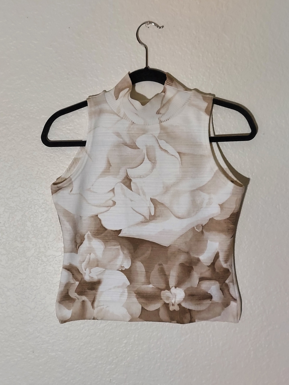 Bette Paige Vtg Floral White/Brown/Taupe Sleeveless Mock Neck Knit Top WM Sz S